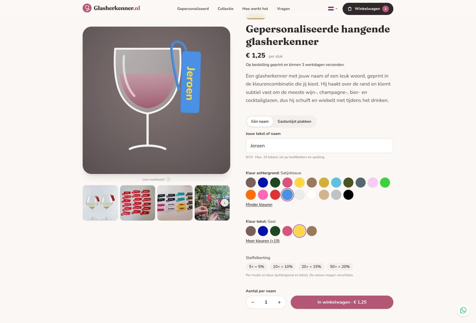 Productpagina met een live voorbeeld van een blauwe glashanger met de naam Jeroen