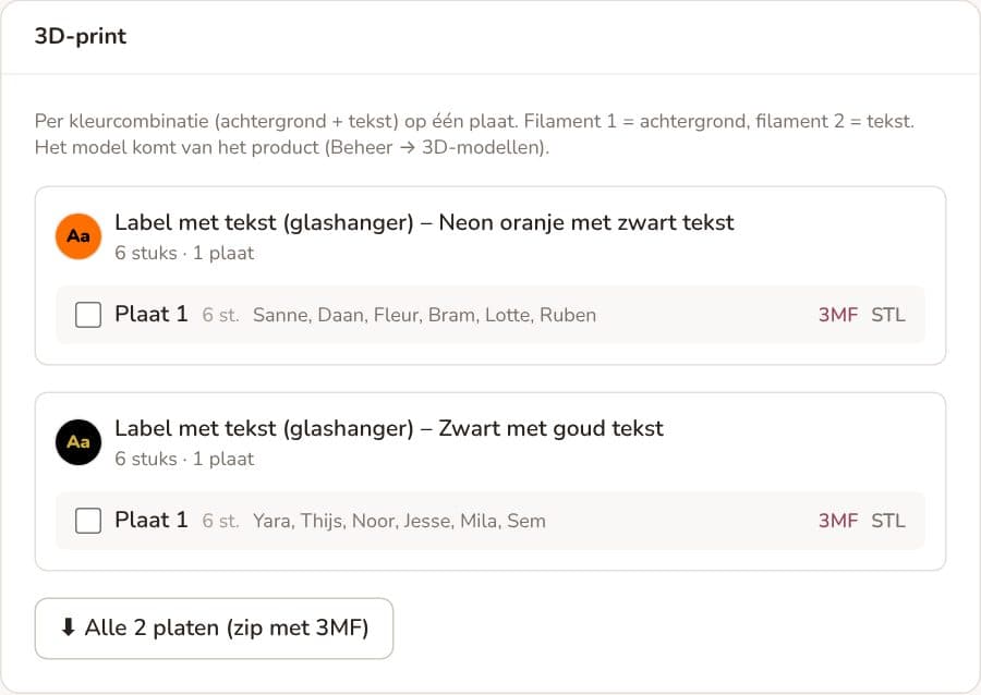 Printplaten per kleurcombinatie met de namen per plaat en downloadknoppen voor 3MF en STL