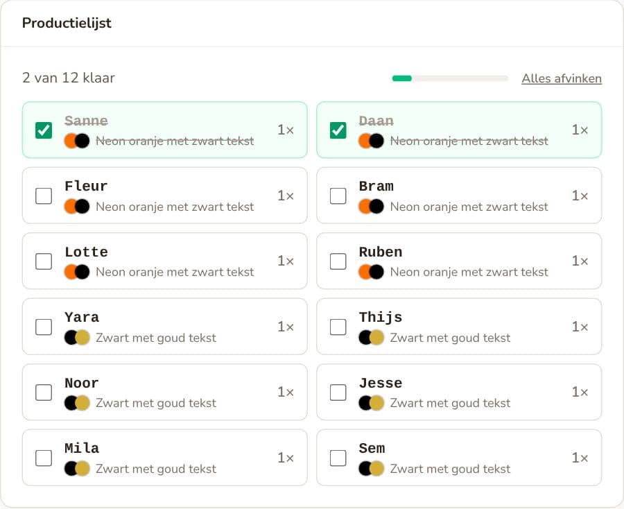 Productielijst van een bestelling met twaalf namen, waarvan er twee zijn afgevinkt